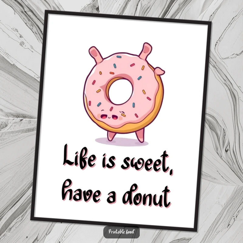 Funny Free Printable Wall Art: Plump donut character with sprinkles performing a cheerful somersault, adding playful energy to decor, DIY art.
