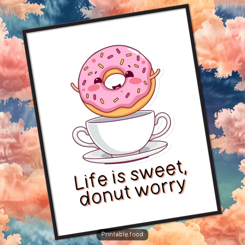 Funny Free Printable Wall Art: A cute giggling donut covered in sprinkles, leaping over a small teacup.