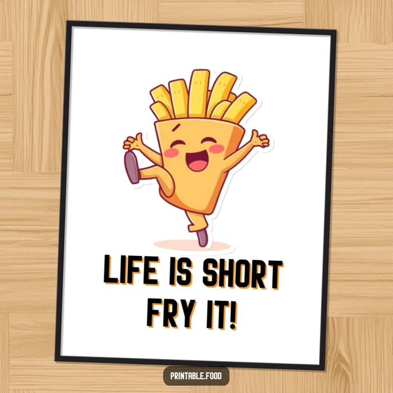 Funny Free Printable Wall Art: A delighted french fry character in mid-air performing a high kick, surrounded by playful energy lines.