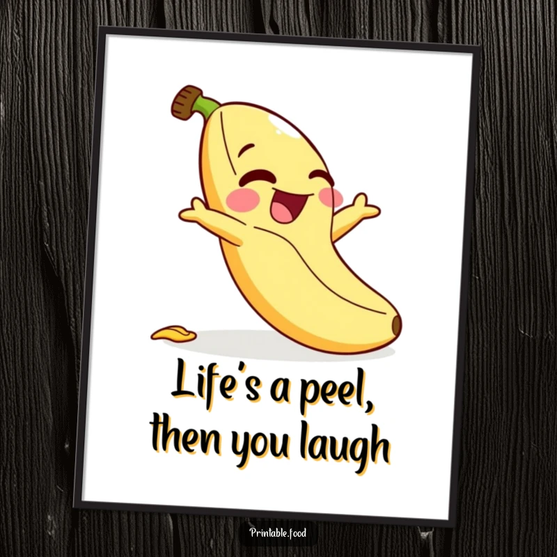 Funny Free Printable Banana Wall Art: A cartoon banana character slips on its peel, captured mid-giggle for humorous decor.