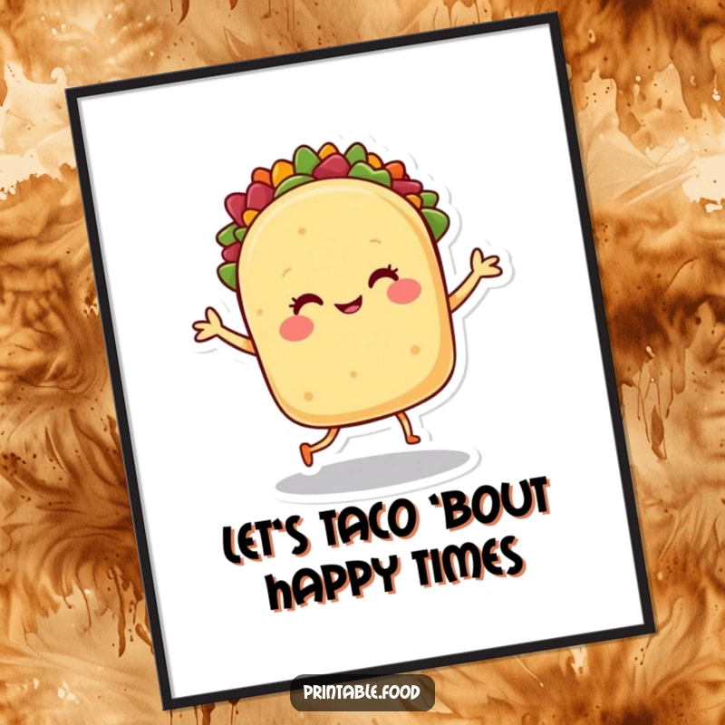 Funny Free Printable Taco Wall Art: A smiling taco character dances energetically, bringing playful vibes to the room.