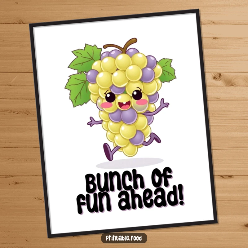 Funny Free Printable Wall Art: A cheerful grape bunch character with tiny feet energetically bouncing with joy.