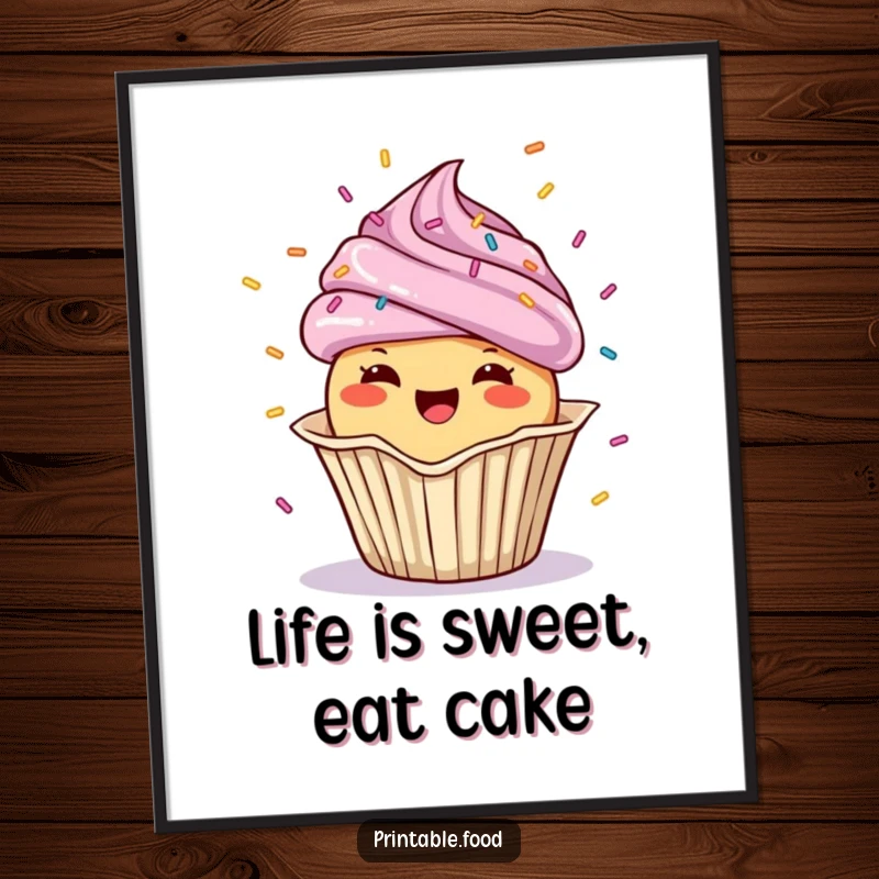 Funny Free Printable Wall Art of a cheerful cupcake character showering colorful confetti from its wrapper.