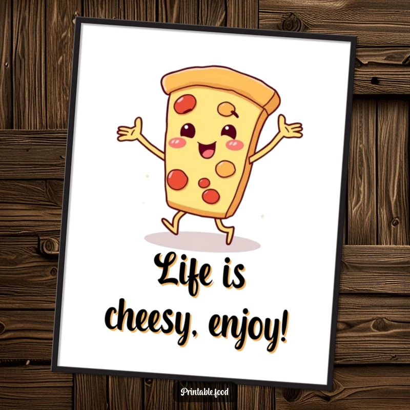Funny Free Printable Wall Art: A happy pizza slice character with arms and legs dancing energetically in a fun pose.