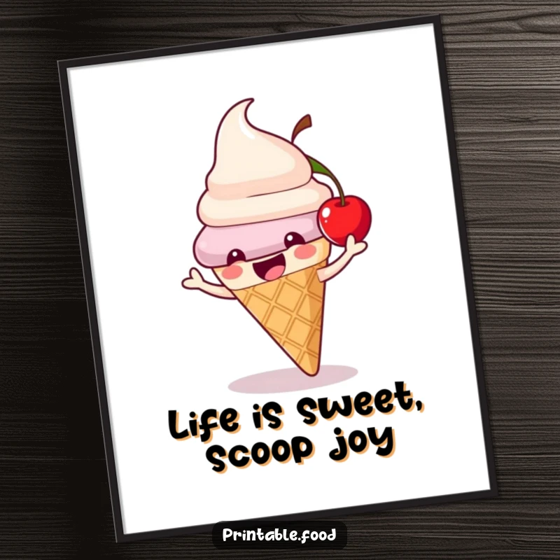 Funny Free Printable Wall Art showing a delighted ice cream cone character with a bouncing cherry, ready to party.