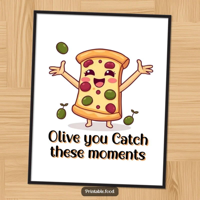 Funny Free Printable Wall Art: A cheerful slice of pizza with energetic arms outstretched joyfully catches a shower of falling olives.