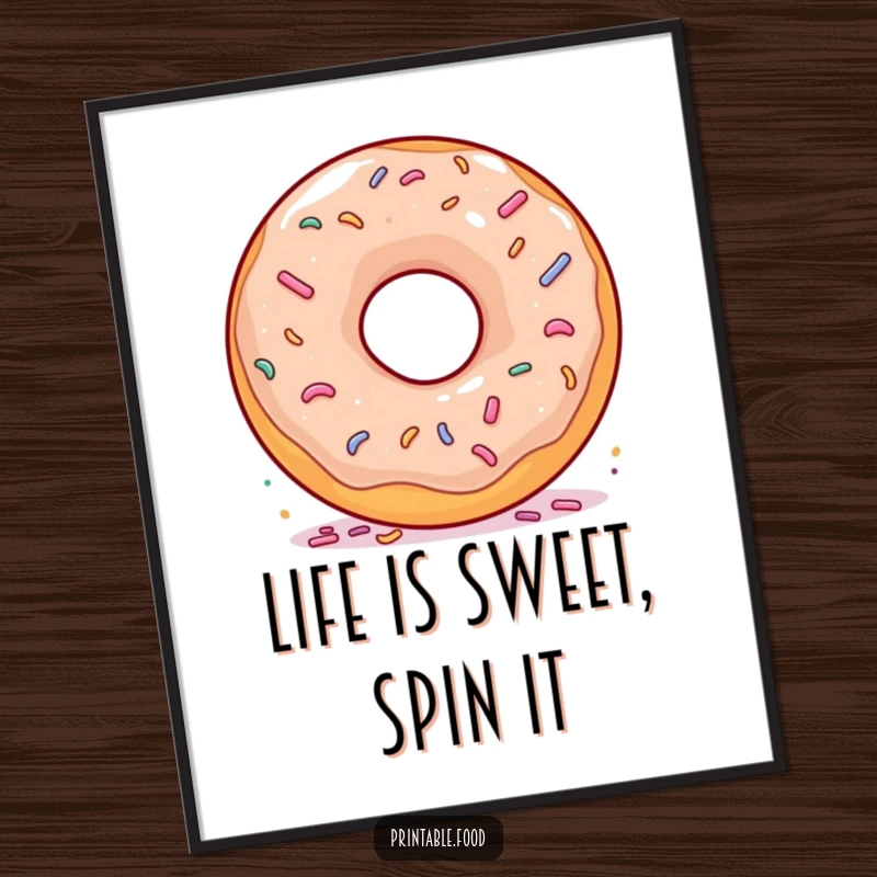 Funny Free Printable Wall Art: A delighted donut with colorful sprinkles, joyfully spinning in a celebratory dance.