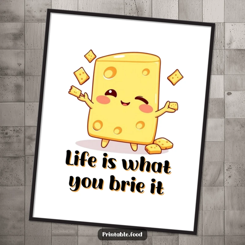 Funny Free Printable Wall Art depicting a winking cheese wedge character skillfully juggling small crackers.