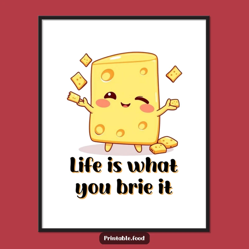 Decorate with delight using this free printable wall art. A winking cheese wedge juggling crackers adds a humorous and quirky touch to any space, perfect for print at home.