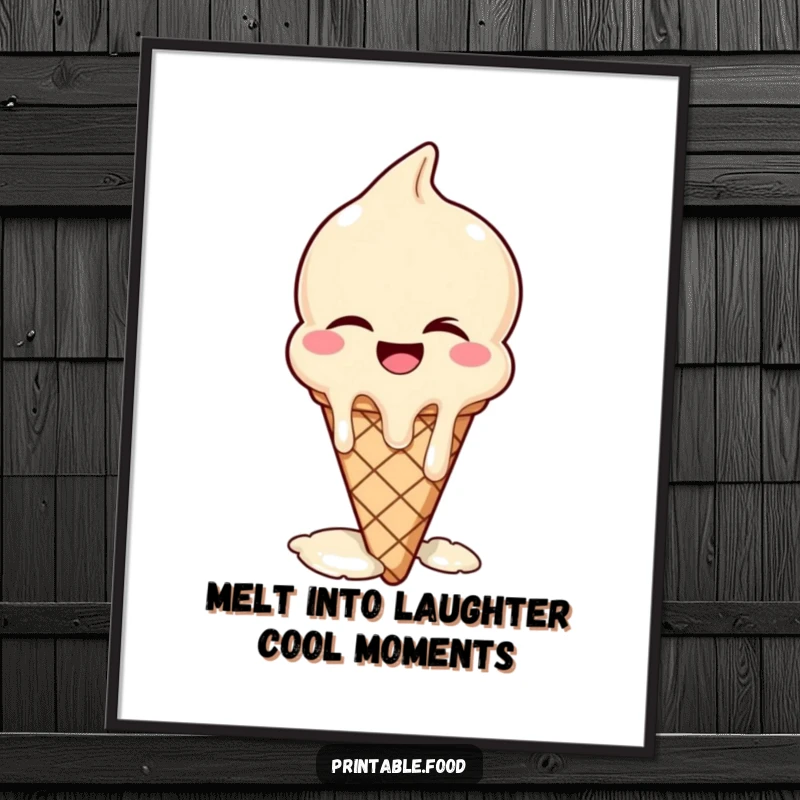 Funny Free Printable Wall Art: A winking ice cream cone is melting dramatically while caught in a fit of uncontrollable laughter.