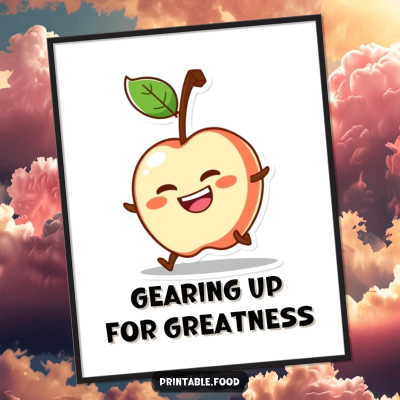 Funny Free Printable Wall Art of a determined apple character rolling downhill with a big grin, radiating fun and energy.