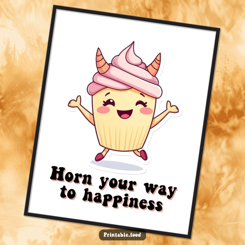 Funny Free Printable Wall Art: A grinning cupcake with frosting horns energetically hops, bringing a smile to any room.