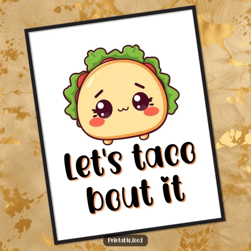 Funny Free Printable Wall Art: Surprised taco character with wide eyes and open shell, perfect for quirky decor.