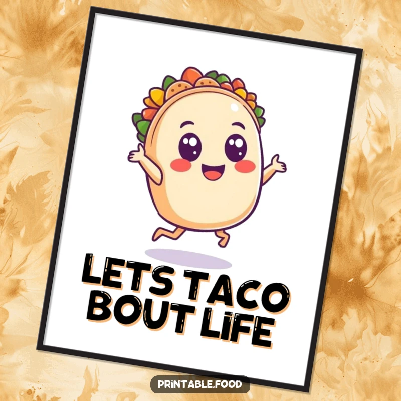 Funny Free Printable Wall Art: A smiling taco character doing a lively dance, bringing festive energy to any room.