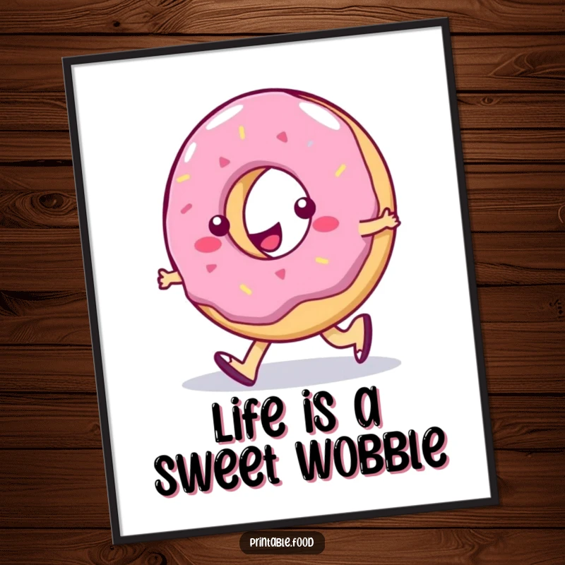 Funny Free Printable Wall Art: a wobbly jelly donut character performs a hilarious silly walk, bringing joyful humor.