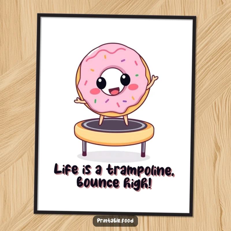 Funny Free Printable Wall Art: Adorable donut character in mid-air, happily bouncing on a trampoline.