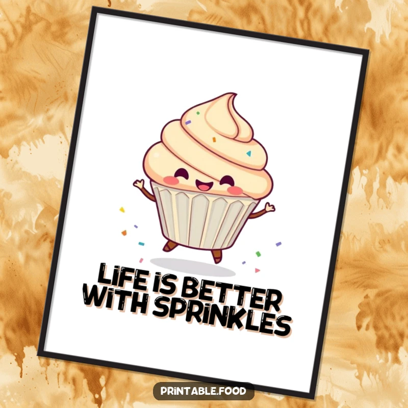 Funny Free Printable Wall Art: A cheerful cupcake in mid-spin, leaving a delightful trail of colorful sprinkles across the canvas.