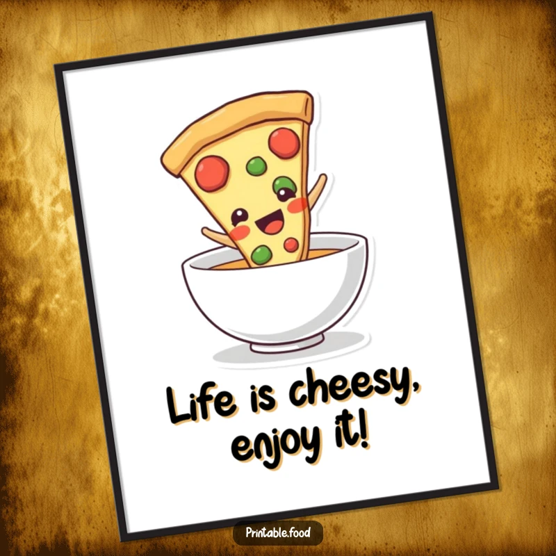 Funny Free Printable Wall Art: Pizza slice character gleefully sliding into a big bowl.
