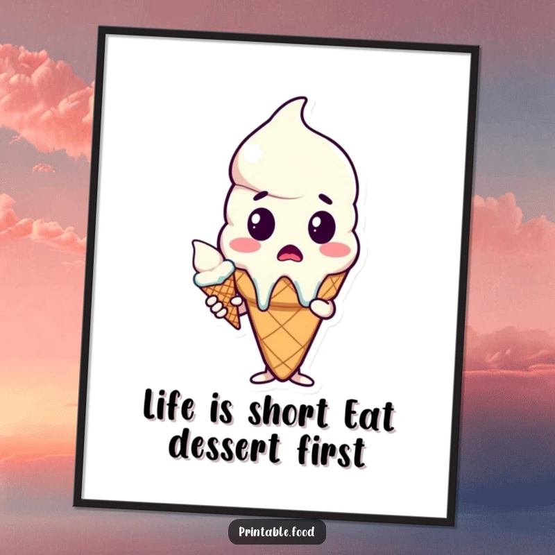 Funny Free Printable Wall Art: A surprised ice cream cone character is caught off guard as its cone melts dramatically.