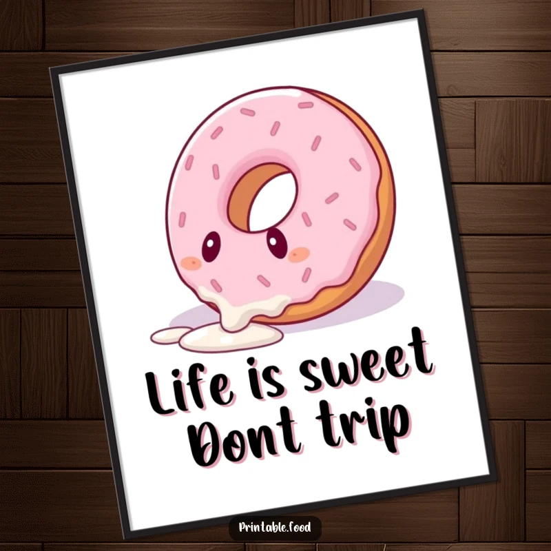 Funny Free Printable Wall Art: A donut character comically trips and tumbles over its own abundant icing drizzle, mid-fall.