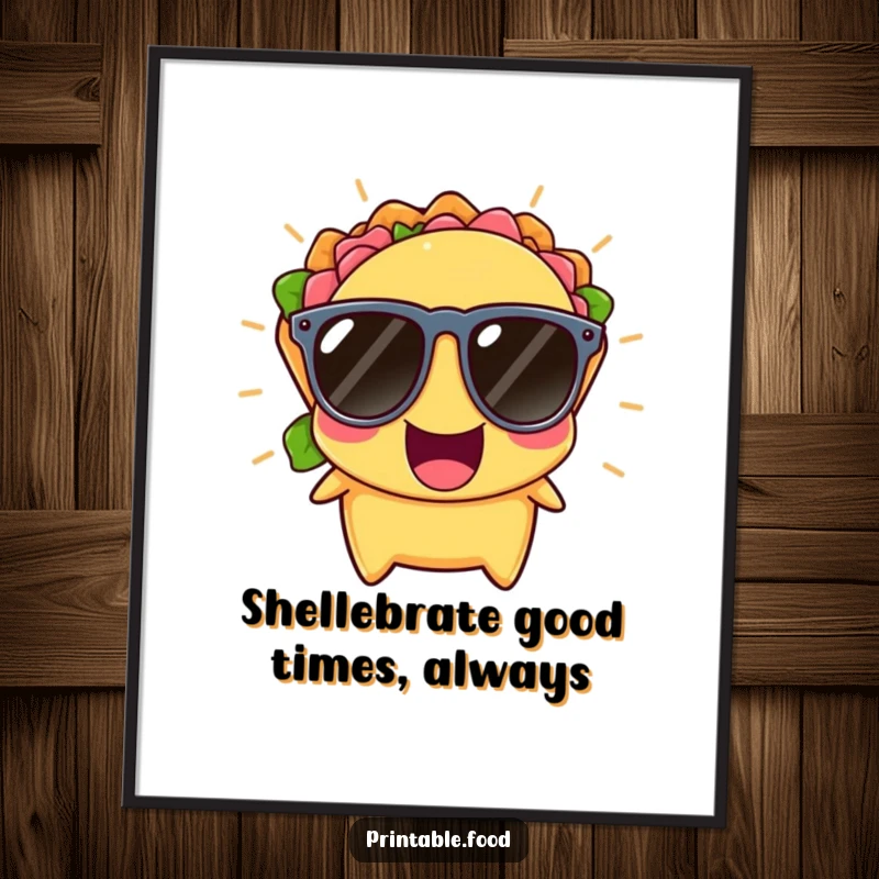 Funny Free Printable Wall Art: A cheerful taco wearing tiny sunglasses, captured mid-burst of infectious laughter.