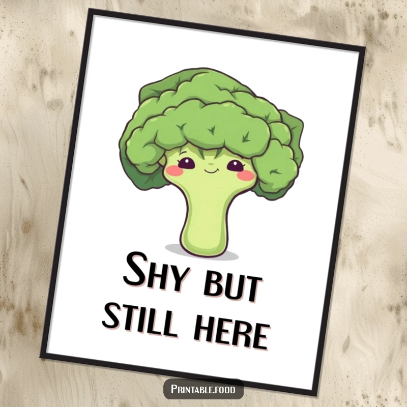 Funny Free Printable Wall Art featuring a cute, shy broccoli floret character peeking from behind a large leaf, perfect for quirky decor.