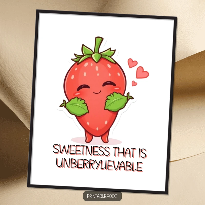 Funny Free Printable Wall Art: Giggling strawberry character with leafy arms throwing a kiss, bringing cute charm to decor, DIY art.