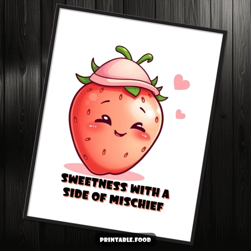 Funny Free Printable Wall Art of a mischievous strawberry wearing a tiny hat and giving a sly wink.