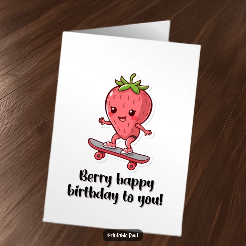 Funny Free Printable Birthday Card: a playful strawberry character shreds on a skateboard, sending birthday cheer with humor.