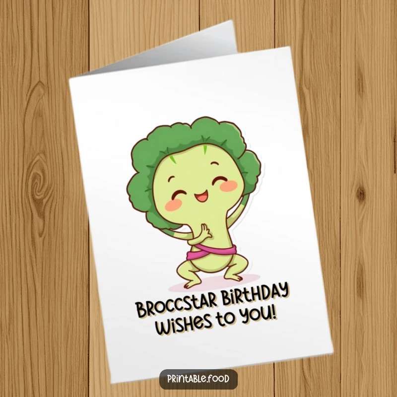 Funny Free Printable Birthday Card: a happy broccoli character strikes a serene yoga pose, sending birthday wishes humorously.