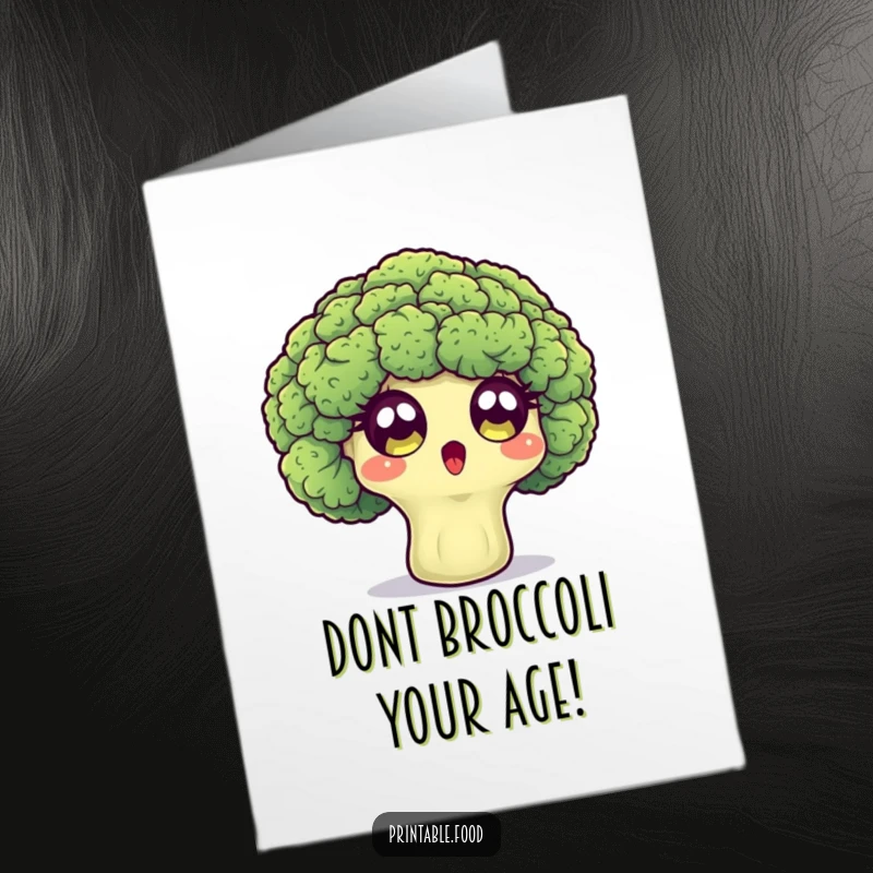 Funny Free Printable Birthday Card: A surprised broccoli floret with wide eyes winks, offering a quirky birthday wish. Hilarious and healthy humor.