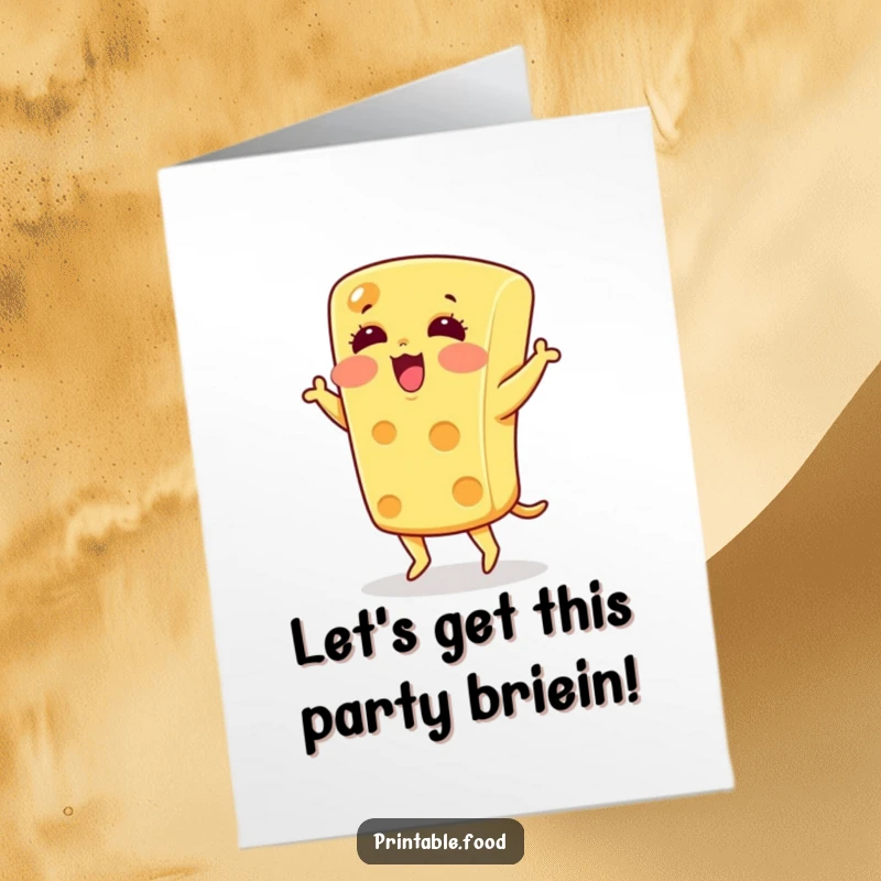 Funny Free Printable Birthday Card: A blushing piece of cheese happily doing a silly jig with joy. Utterly cheesy and fun.