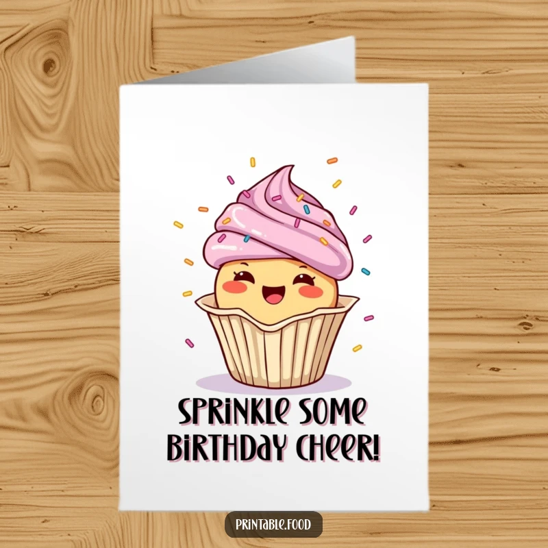 Funny Free Printable Birthday Card featuring a cheerful cupcake character showering confetti from its wrapper.