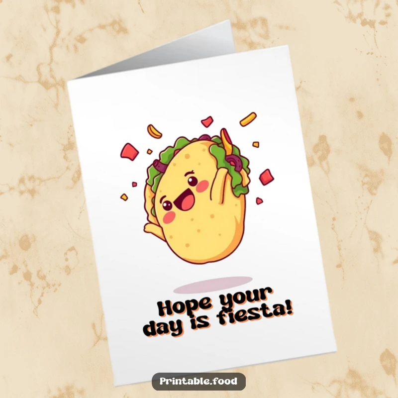 Funny Free Printable Birthday Card: A happy taco character flips in mid-air with toppings scattering joyfully.