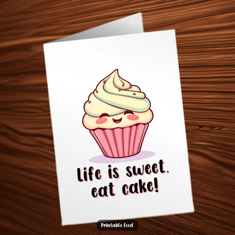 Funny Free Printable Birthday Card: Giggling cupcake character joyfully puffs out its colorful frosting with glee.