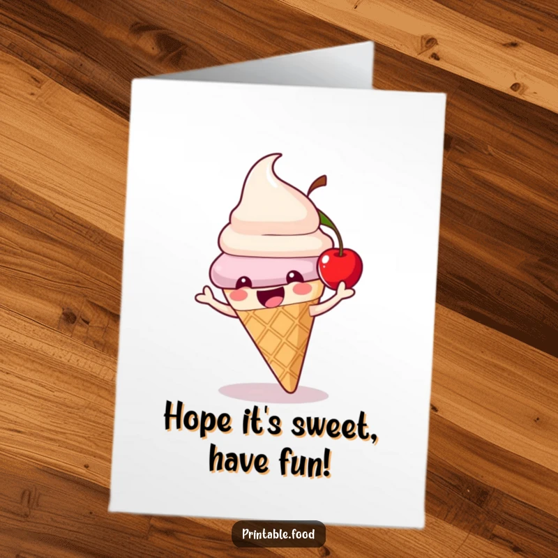 Funny Free Printable Birthday Card showing a happy ice cream cone character with a bouncing cherry, ready for fun.