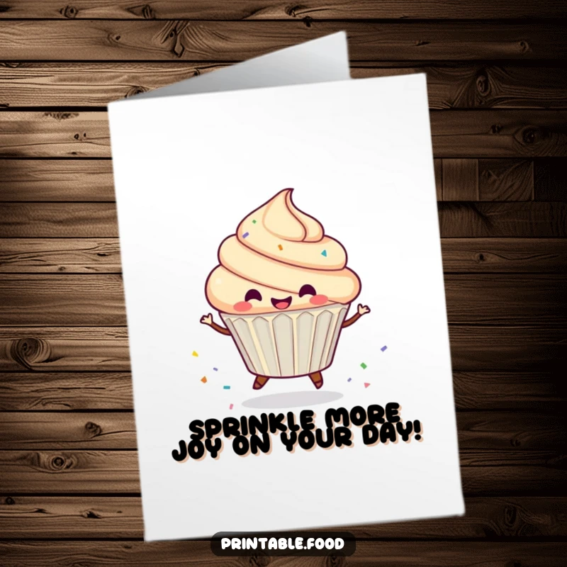 Funny Free Printable Birthday Card: Gleeful spinning cupcake leaving a trail of colorful sprinkles, perfect for a joyous celebration.