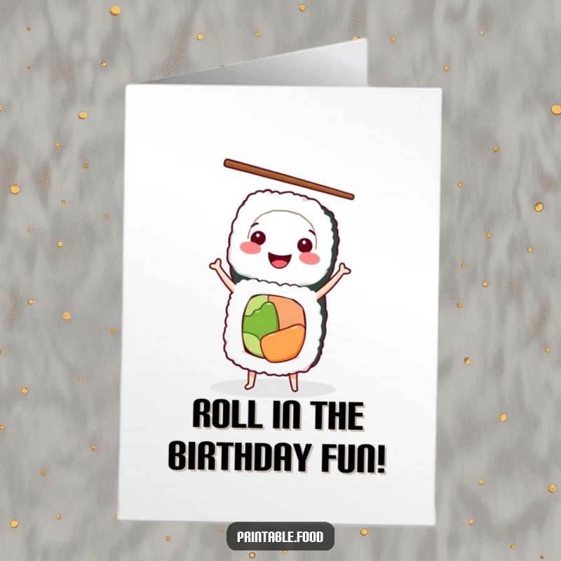 Funny Free Printable Birthday Card featuring a smiling sushi roll character performing a handstand with chopsticks.