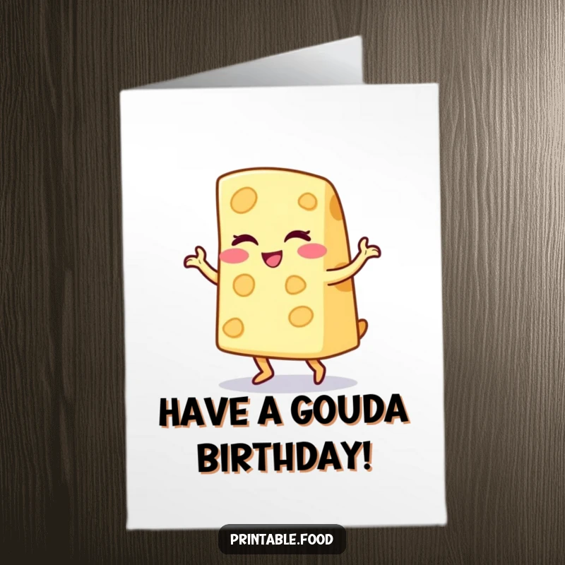 Funny Free Printable Birthday Card: Winking cheese wedge character doing a joyful little jig with cheesy delight. A merry greeting.