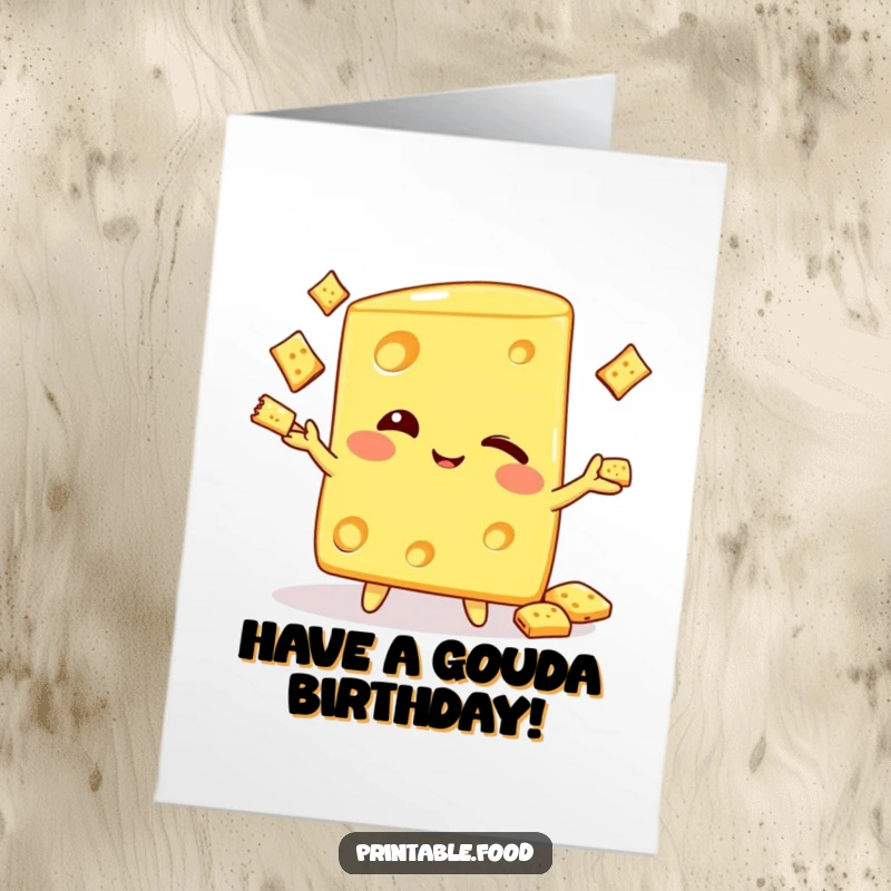 Funny Free Printable Birthday Card of a grinning cheese wedge character winking while juggling small crackers.