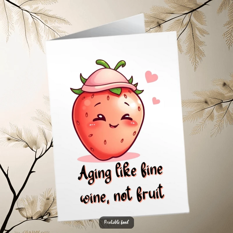 Funny Free Printable Birthday Card showing a mischievous strawberry wearing a tiny hat and winking cheekily.