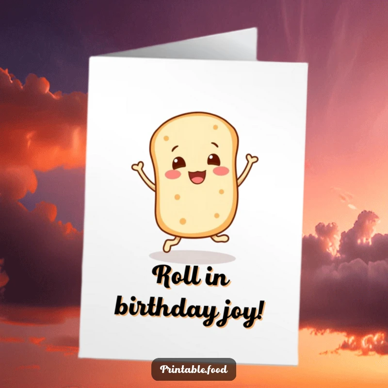 Funny Free Printable Bread Roll Birthday Card: A cheerful bread roll character does a happy little bounce, celebrating a birthday.