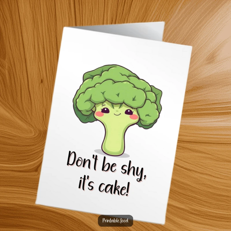 Funny Free Printable Birthday Card featuring a shy broccoli floret peeking playfully from behind a large green leaf, radiating cuteness.