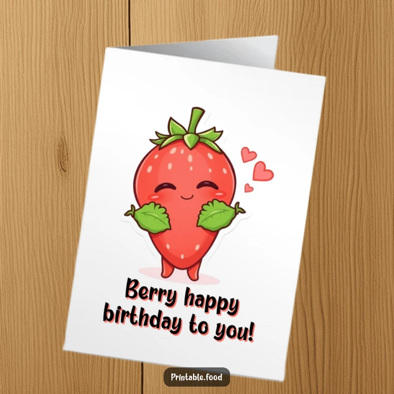 Funny Free Printable Birthday Card: Giggling strawberry character with leafy arms throws a kiss, sending sweet wishes, downloadable gift.