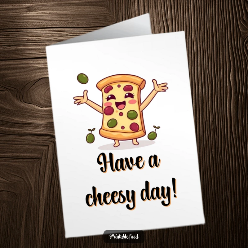 Funny Free Printable Birthday Card: A cheerful pizza slice with arms open happily catches falling olives, ready to celebrate.