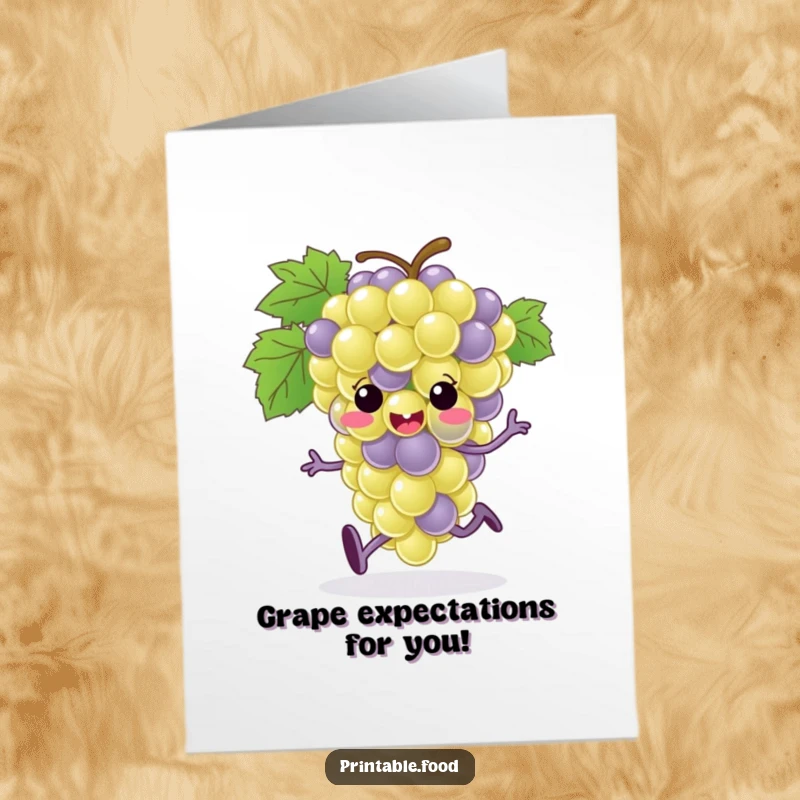 Funny Free Printable Birthday Card: Cheerful grape bunch character with tiny feet joyfully running towards celebration.