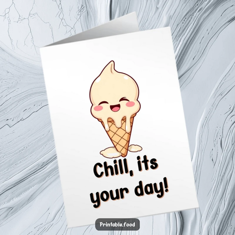 Funny Free Printable Birthday Card: A winking ice cream cone melts dramatically while laughing uncontrollably, a sweet celebration.