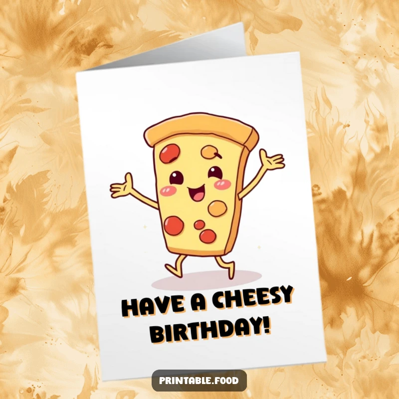 Funny Free Printable Birthday Card: Smiling pizza slice character with arms and legs dancing energetically with joy.