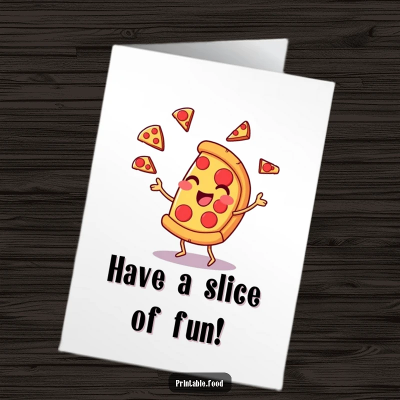 Funny Free Printable Birthday Card: Cheerful pizza slice character expertly juggling pepperoni slices with a knowing smirk. A tasty greeting.