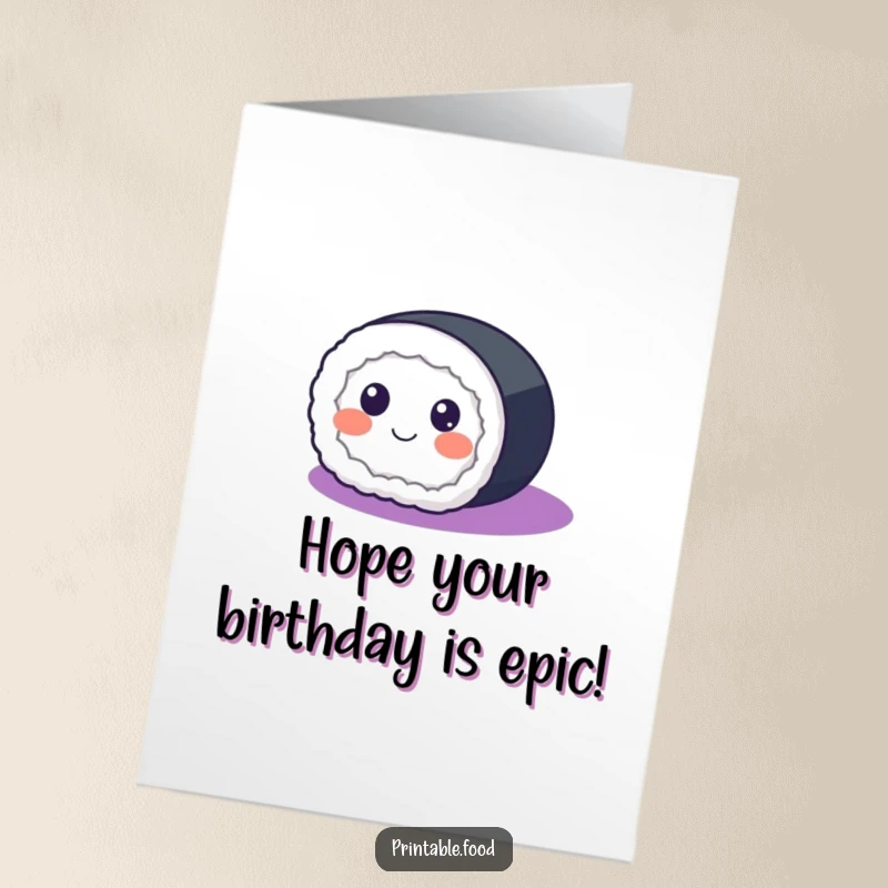 Funny Free Printable Birthday Card: A happy sushi roll with eyes, rolling gleefully across a vibrant purple gradient.